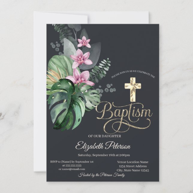 Invitation Croix dorée élégante Fleurs tropicales Baptême som (Devant)