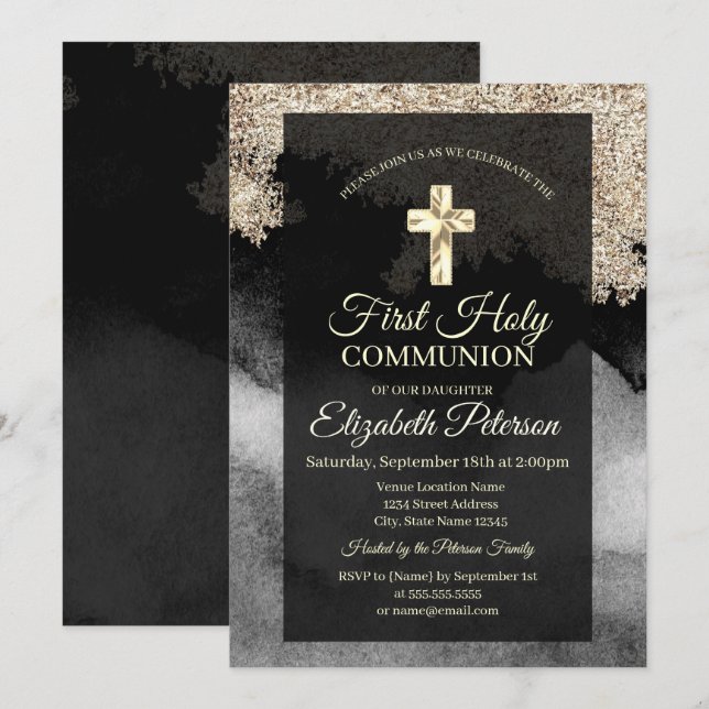 Invitation Croix dorée élégante Première Sainte Communion  (Devant / Derrière)