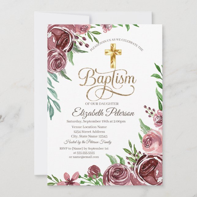 Invitation Croix dorée élégante Roses bordeaux Baptême (Devant)