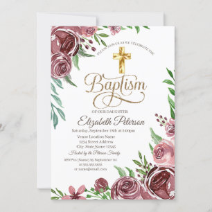 Invitation Croix dorée élégante Roses bordeaux Baptême