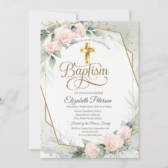 Invitation Croix dorée élégante Roses roses Baptême (Devant)