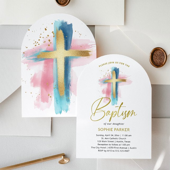 Invitation Croix dorée et aquarelle | Baptême (Créateur téléchargé)