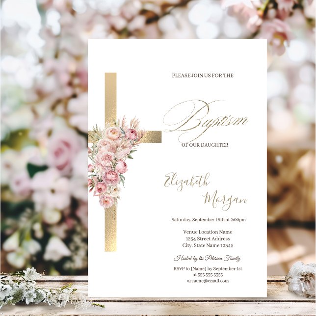 Invitation Croix dorée Fleurs roses Baptême Confettis paillet (Créateur téléchargé)