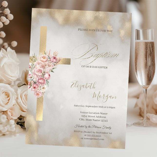 Invitation Croix dorée Fleurs roses Baptême Paillettes Or (Créateur téléchargé)