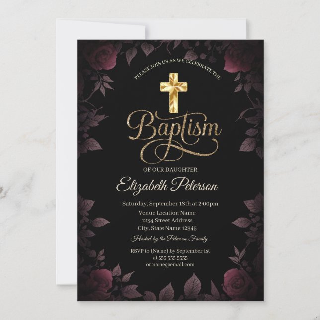 Invitation Croix dorée Fleurs roses Burgundy foncé Baptême (Devant)