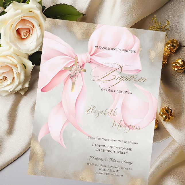 Invitation Croix dorée Fleurs roses Ruban Baptême Paillettes  (Créateur téléchargé)