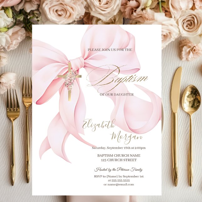 Invitation Croix dorée Fleurs roses Ruban Baptême Rose (Créateur téléchargé)