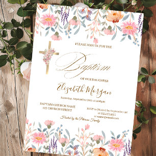 Invitation Croix dorée Fleurs sauvages Baptême rose