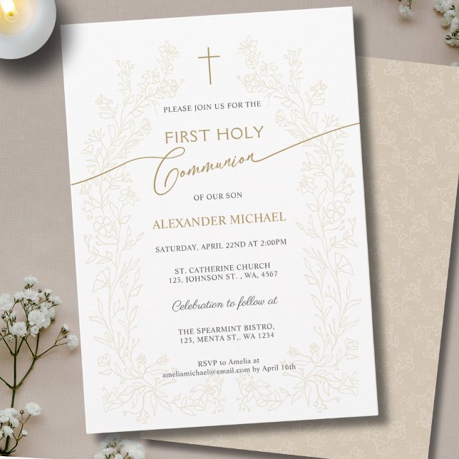 Invitation Croix dorée florale Première Sainte Communion Reli (Créateur téléchargé)