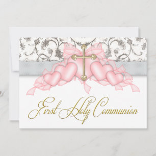 Invitation Croix dorée grise rose Filles Rose Première Commun