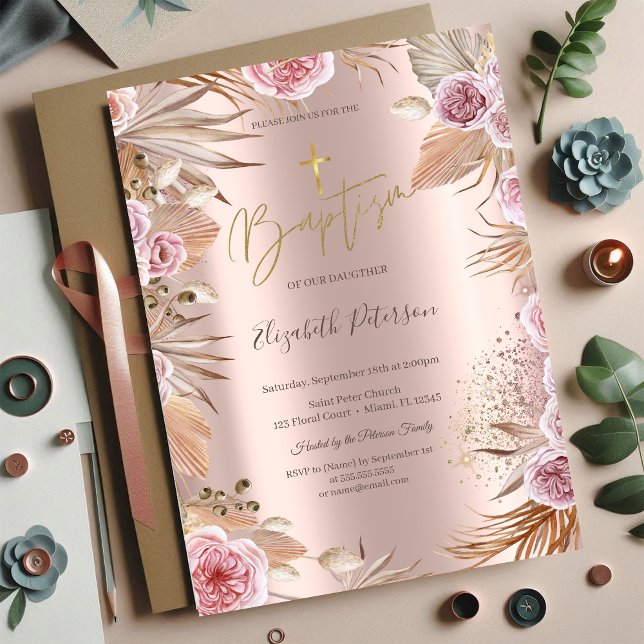 Invitation Croix dorée Herbe des Pampas Fleurs Boho Baptême (Créateur téléchargé)