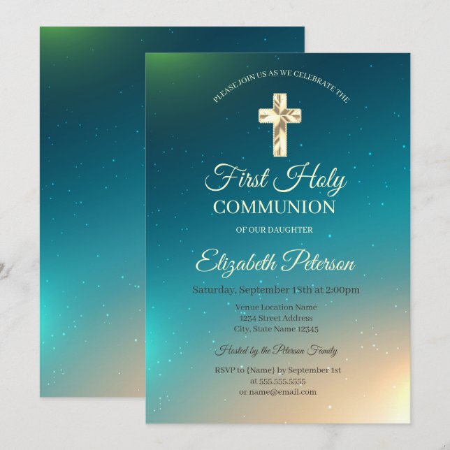 Invitation Croix dorée ombrée Première communion  (Devant / Derrière)