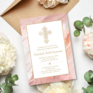 Invitation Croix dorée ornée Baptême fille rose pêche