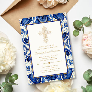 Invitation Croix dorée ornée Carreau méditerranéen bleu Baptê