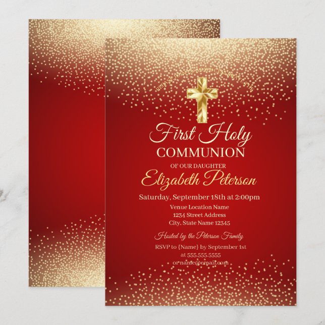 Invitation Croix dorée points rouges Première Sainte Communio (Devant / Derrière)