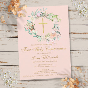Invitation Croix dorée pour première communion, floral rose p