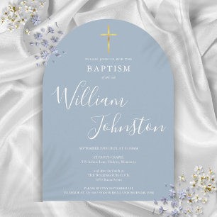Invitation Croix dorée poussiéreuse bleu baptême ondoyage