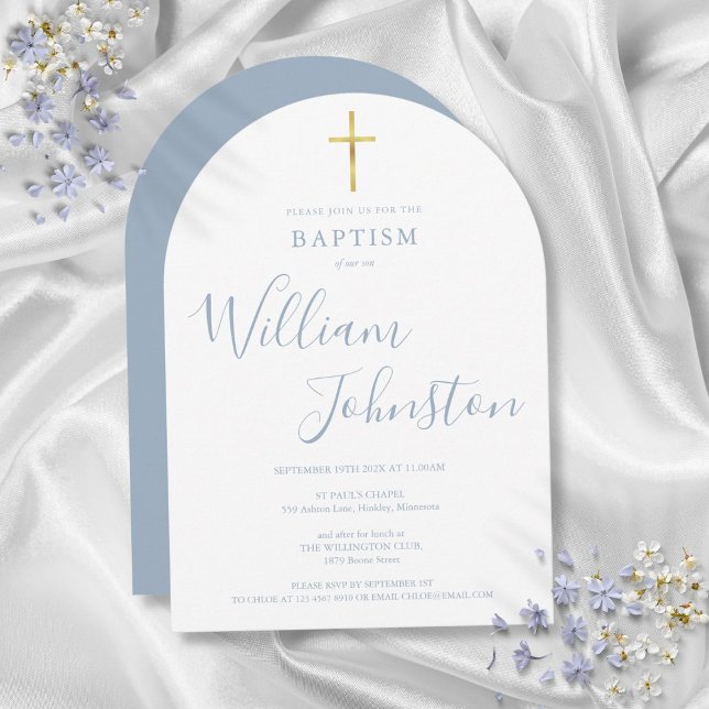 Invitation Croix dorée Poussiéreux Baptême Bleu Arche Christe (Gold Cross Dusty Blue Arch Baptism Christening Invitation)