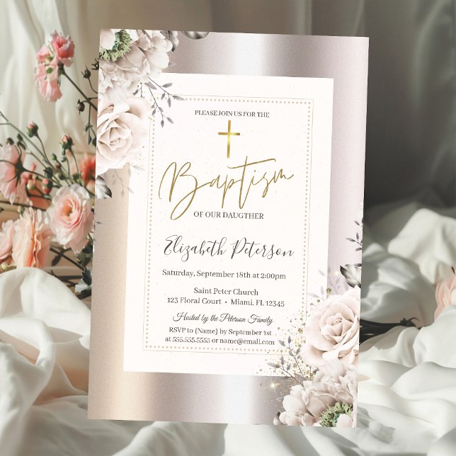 Invitation Croix dorée Roses Blush Rose Gold Baptême (Créateur téléchargé)