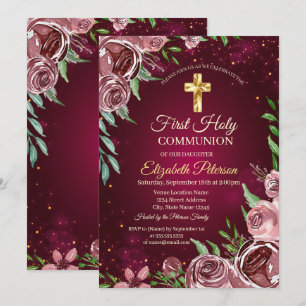 Invitation Croix dorée Roses de Bourgogne Première communion