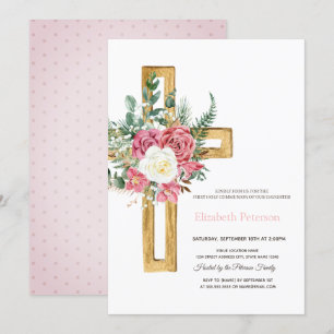 Invitation Croix dorée Roses, Première communion à pois