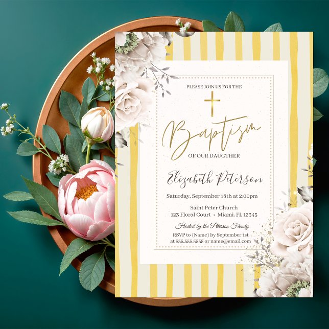 Invitation Croix dorée Roses rayées jaunes Baptême (Créateur téléchargé)