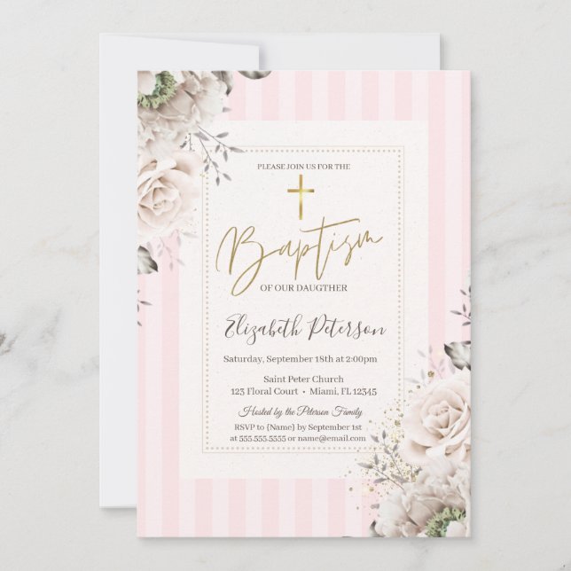 Invitation Croix dorée Roses Rayées Rose Baptême (Devant)