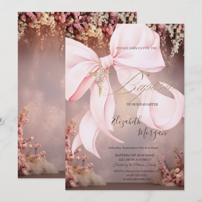 Invitation Croix dorée Ruban rose floral Baptême (Devant / Derrière)
