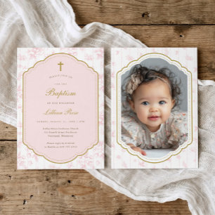 Invitation Croix dorée vintage Fleurie Photo Baptême fille