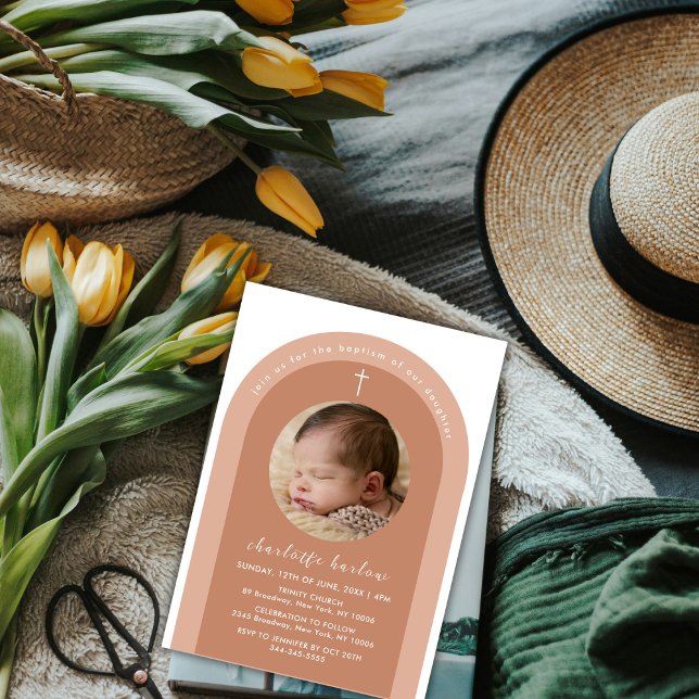 Invitation Croix du Boho neutre genre Baptême photo (Gender Neutral Boho Arch Cross Photo Baptism Invitation)