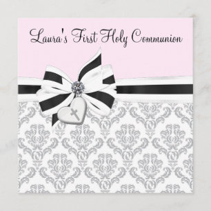 Invitation Croix du coeur rose Noir Damas Première communion