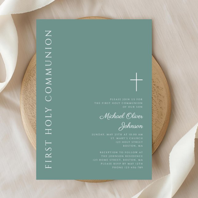 Invitation Croix du Garçon verte moderne Première communion s (Modern Green Boy Cross First Holy Communion Invitation)