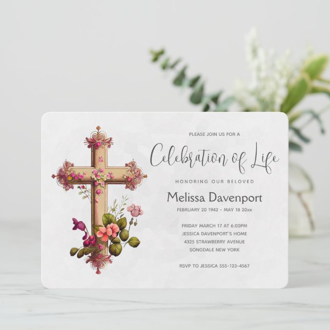 Invitation Croix élégante avec fleurs roses Mémorial (Debout devant)
