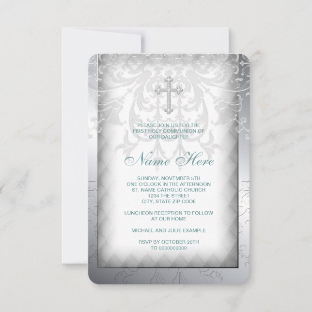 Invitation Croix élégante en damas blanc pour la première com (Devant)