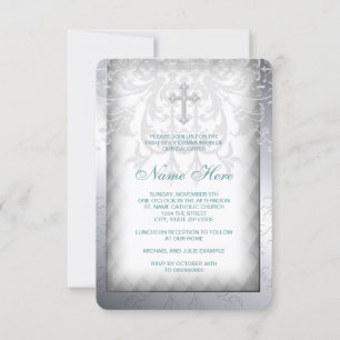 Invitation Croix élégante en damas blanc pour la première com