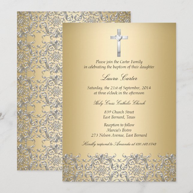 Invitation Croix élégante en damas or doré pour baptême (Devant / Derrière)