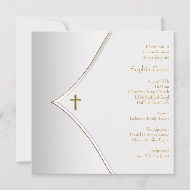 Invitation Croix élégante en or blanc pour baptême (Devant)