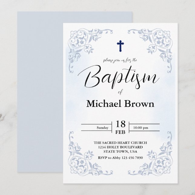 Invitation Croix élégante et simple de baptême catholique ble (Devant / Derrière)