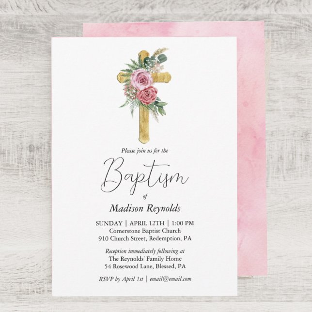 Invitation Croix en bois de rose florale rose fuchsia baptême (Créateur téléchargé)