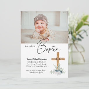 Invitation Croix en bois et photo personnalisée Baby Boy Bapt