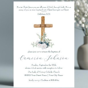 Invitation Croix en bois Fleurs blanches et bleues Baptême