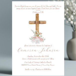 Invitation Croix en bois Fleurs blanches et roses Baptême
