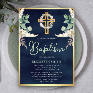 Invitation Croix en bois Pampas Eucalyptus Navy Or Baptême
