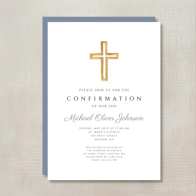 Invitation Croix en bois religieux bleu pour confirmation gar (Blue Religious Wood Cross Boy Confirmation Invitation)