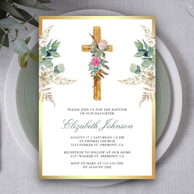 Invitation Croix en bois rustique Boho Pampas Eucalyptus Bapt (Créateur téléchargé)
