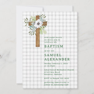 Invitation Croix en bois rustique de verdure grise de brouill