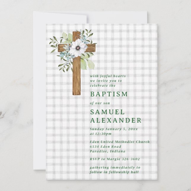 Invitation Croix en bois rustique de verdure grise de brouill (Devant)