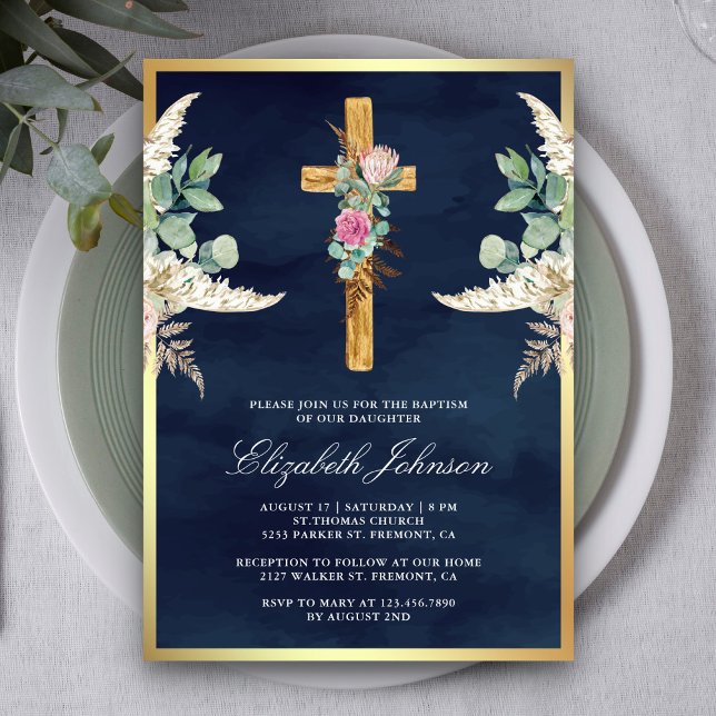 Invitation Croix en bois rustique Pampas Eucalyptus Bleu mari (Créateur téléchargé)