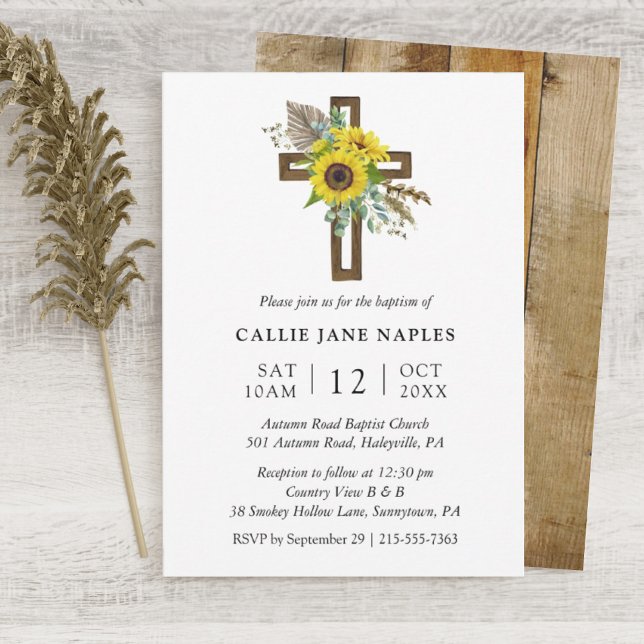 Invitation Croix en bois simple rustique de tournesol pour ba (Créateur téléchargé)