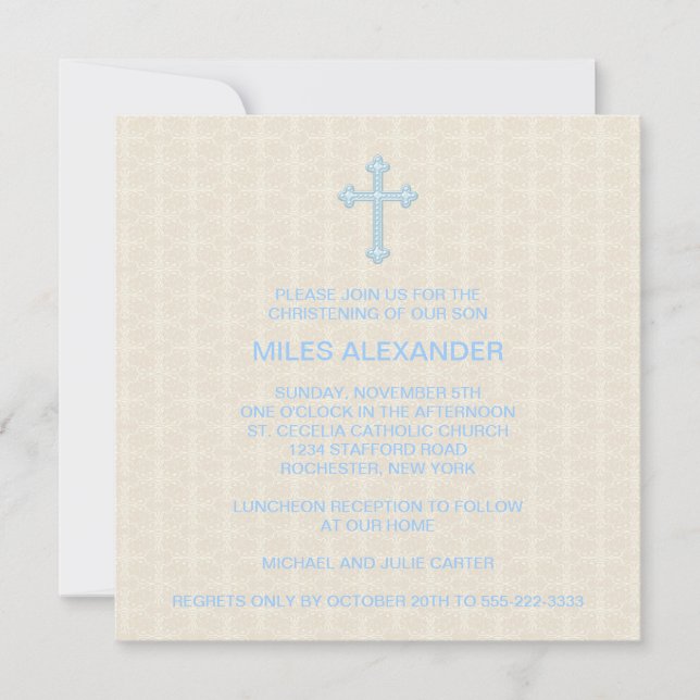 Invitation Croix en damas beige et bleu garçon baptême (Devant)